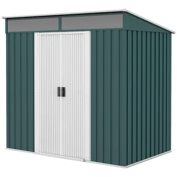 Outsunny Casuta de Gradina pentru Unelte cu Baza, Ferestre, Incuietoare si Usa Culisanta, 195x122x181,5/160 cm, Verde | Aosom Romania imagine