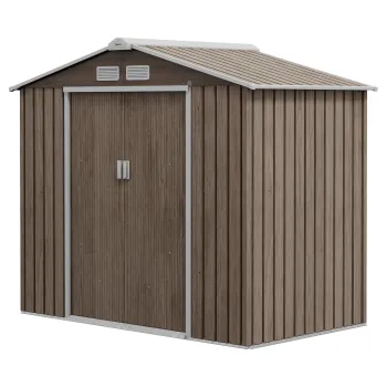 Outsunny Casuta de Gradina pentru Unelte cu Orificii de Aerisire si Dubla Usa Culisanta cu Blocare, 213x130x185 cm, Maro | Aosom Romania imagine