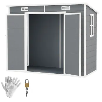 Outsunny Casuta de Gradina pentru Unelte cu Podea, 2 Usi, Incuietoare si Acoperis Inclinat, 238x125x183 cm, Gri | Aosom Romania imagine