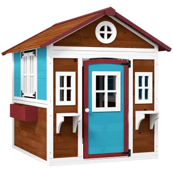 Outsunny Casuta de Joaca din Lemn pentru Copii pentru Exterior si Interior, Casa Wendy din Lemn cu Usi, Ferestre, Ghivece, Maro Inchis imagine