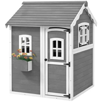 Outsunny Casuta de joaca pentru copii, casa pentru interior si exterior cu usa, ferestre si ladita pentru flori, lemn de brad, gri | Aosom Romania imagine