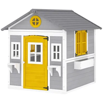 Outsunny Casuta din Lemn pentru Copii 3-8 Ani, Casuta de Gradina cu Ferestre, Acoperis Inclinat, Ghivece si Jardiniere, Gri, Galben, Alb | Aosom Romania imagine