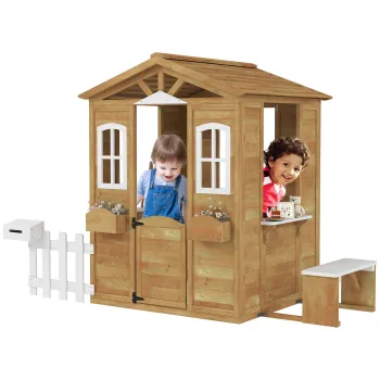 Outsunny Casuta pentru Copii din Lemn cu Gard si Banca, 205x119x140 cm | Aosom Romania imagine
