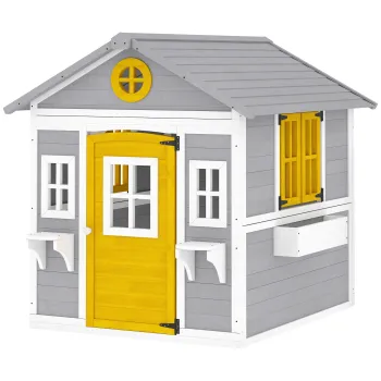 Outsunny Casuta pentru Copii din Lemn, Exterior si Interior, cu Usa, Ferestre, Jardiniere si Suporturi pentru Flori, Gri | Aosom Romania imagine