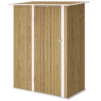 Outsunny Casuta pentru Gradina 1.07m2 din Otel Galvanizat, Casuta pentru Unelte cu Usa Blocabila, Acoperis Inclinat, 142x86x189 cm, Imitatie Lemn | Aosom Romania imagine