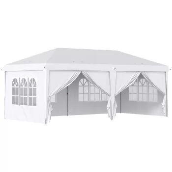 Outsunny Cort 6x3 m pliabil din otel si material Oxford, cort pentru gradina cu 6 pereti laterali, franghii si carlige, alb imagine