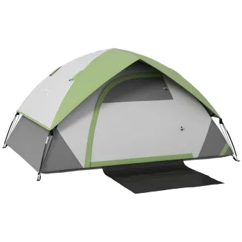 Outsunny Cort Camping 3 Locuri cu Geam din Plasa si Carlig Felinar, Poliester, Fibra de Sticla si Cort de Camping PE, 270x210x150 cm, Gri si Verde imagine