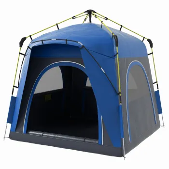 Outsunny Cort camping familial 4 persoane, montare pop-up rapida, usor, ventilat, 4 ferestre anti-soare, 2,4x2,4x1,99 m, gri/albastru | Aosom Romania imagine
