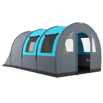Outsunny Cort de Camping Impermeabil cu 5 Locuri, cu Zona Separata de Dormit si Living, Cort de Trekking din Poliester, 480x260x200 cm, Gri si Albastru imagine