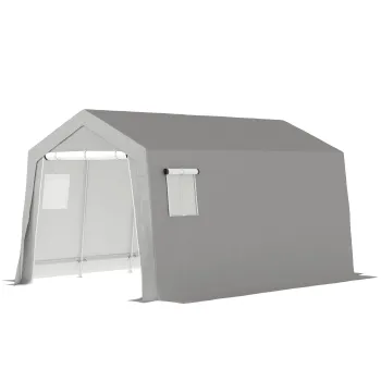 Outsunny Cort de Depozitare Exterior 3 x 4,5 m, tente de depozitare impermeabila si anti-UV, usa inrolabila, ferestre, gri | Aosom Romania imagine