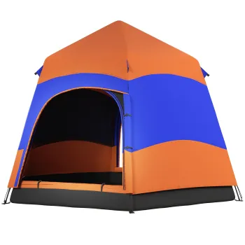 Outsunny Cort instantaneu cu doua straturi si acoperis, cort de familie pentru 4 persoane in aer liber rezistent la apa in forma de hexagon cu plansa de podea 2 usi plasa impotriva tantarilor geanta portabila portocaliu | Aosom Romania imagine