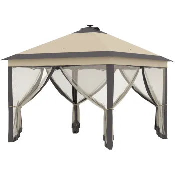 Outsunny Cort pliabil cu lumini LED 330x330 cm Pavilion de gradina cu telecomanda cu 4 plase anti-tantari Inaltime reglabila Bej | Aosom Romania imagine