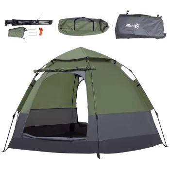 Outsunny Cort pop-up cort de camping 3-4 pers. cort cupola impermeabilizat usor ventilat usor de montat 2 usi mari dim. 2,6L x 2,6l x 1,5H m fibra de sticla poliester oxford verde gri | Aosom Romania imagine
