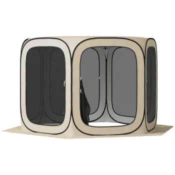 Outsunny cort pop-up pentru camping, portabil, protectie UPF50+, laterale cu plasa, sarma de otel, Khaki | Aosom Romania imagine