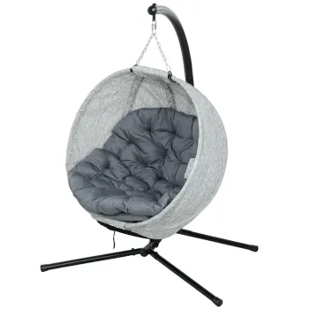 Outsunny Cos suspendat in forma de ou, Scaun suspendat cu functie de leagan si cos pliabil, Scaun de gradina, Suport pentru pahar, Gri | Aosom Romania imagine