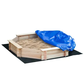 Outsunny Cutie de Nisip pentru Copii 3-8 Ani cu Scaune si Pelicula de Acoperire, 139,5x139,5x21,5 cm, Lemn Natural | Aosom Romania imagine