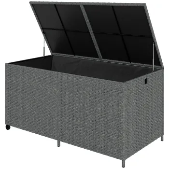 Outsunny Cutie pentru perne din rattan 650 L rezistenta la intemperii rezistent UV cu capac roti spatiu depozitare 150 x 75 x 74 cm Gri inchis | Aosom Romania imagine