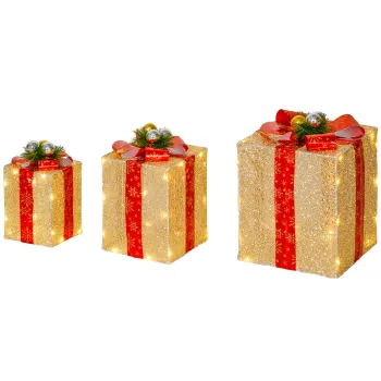 Outsunny Cutii-cadou Craciun luminoase decoratiuni de Craciun cu funda 58 lumini set de 3 cutii-cadou cu LED auriu | Aosom Romania imagine
