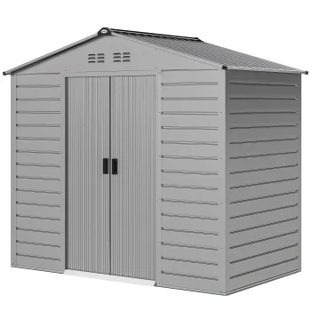 Outsunny Depozit pentru unelte de 2,43 m^2, 213 x 131 x 192 cm, cu acoperis in doua ape, usa glisanta blocabila, rezistent la intemperii, Gri | Aosom Romania imagine