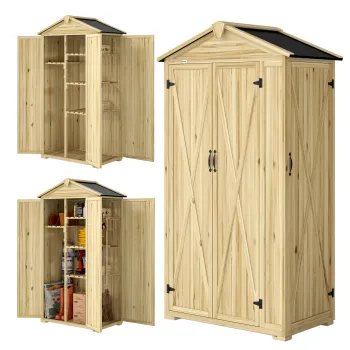 Outsunny Dulap de Gradina Casuta pentru Unelte cu 3 Usi 93x53x168 cm Lemn Natural | Aosom Romania imagine