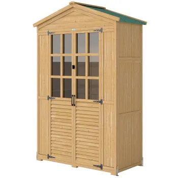 Outsunny Dulap de Gradina din Lemn de Brad cu Rafturi si Ferestre din Acril, Casuta Depozitare Unelte Exterioare cu Acoperis Asfaltat, Usi Blocabile, 128x57.5x197 cm, Maro Deschis | Aosom Romania imagine