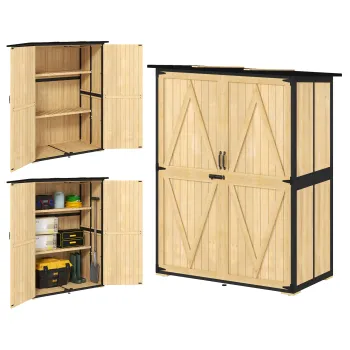 Outsunny Dulap de gradina din lemn si otel, Dulap de unelte pentru exterior cu acoperis din asfalt, 2 rafturi, usi blocabile, Lemn natural | Aosom Romania imagine