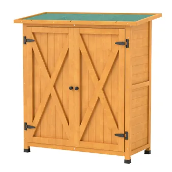 Outsunny Dulap de gradina, sura pentru unelte din lemn, dulap rezistent la intemperii cu 2 usi acoperis din asfalt 110 x 55 x 117 cm, Galben | Aosom Romania imagine