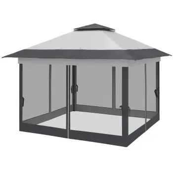 Outsunny Foisor Pliabil cu Perdele Laterale, Foisor de Gradina din Otel si Tesatura Oxford cu Geanta de Transport, 364x364x294 cm, Gri imagine