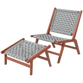 Outsunny Fotoliu de gradina cu suport pentru picioare - fotoliu de relaxare din lemn de acacia si rachita din polipropilena - natural, gri | Aosom Romania imagine