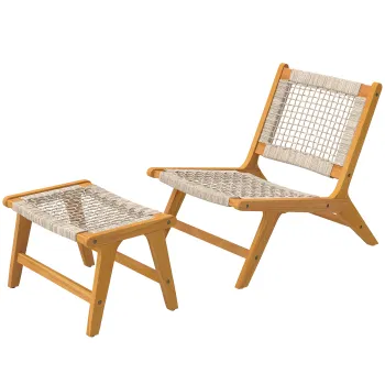 Outsunny Fotoliu de gradina cu taburet 2 piese lemn de acacia certificat FSC fotoliu lounge exterior cu sezut din ratan stil boho picioare reglabile | Aosom Romania imagine