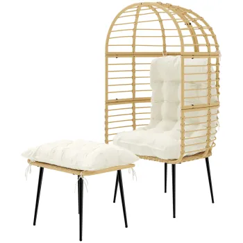 Outsunny Fotoliu de gradina cu taburet PE-Rattan, fotoliu in forma de ou cu perne lungi & groase, cadru metalic Bej | Aosom Romania imagine