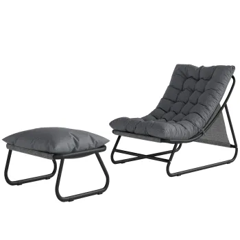 Outsunny Fotoliu lounge outdoor pentru balcon cu taburet, perna de 13 cm, picioare antiderapante, gri inchis | Aosom Romania imagine