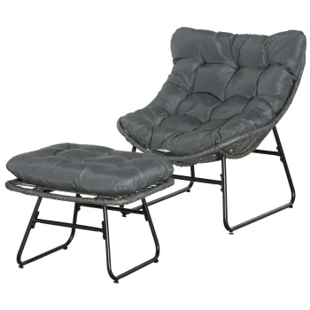 Outsunny Fotoliu pentru gradina cu rest de picior din metal epoxidic si rachita rezistenta la aspect de rachita cu perne moi, gri | Aosom Romania imagine