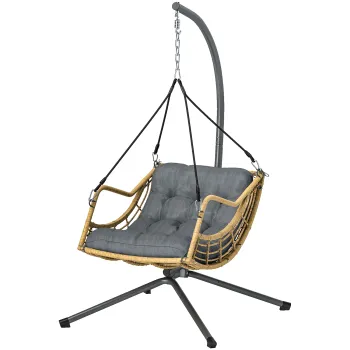 Outsunny Fotoliu suspendat din rasina impletita cu suport, scaun suspendat, perna, prindere de siguranta, inaltime reglabila, gri | Aosom Romania imagine