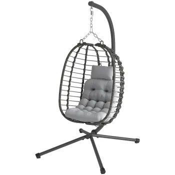 Outsunny Fotoliu Suspendat din Ratan cu Carlig, Perne Captusite si Tetiera, 122x104x188 cm, Gri Deschis | Aosom Romania imagine