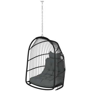 Outsunny Fotoliu Suspendat din Ratan cu Carlig, Perne Captusite si Tetiera, 74x68x105 cm, Gri Inchis | Aosom Romania imagine