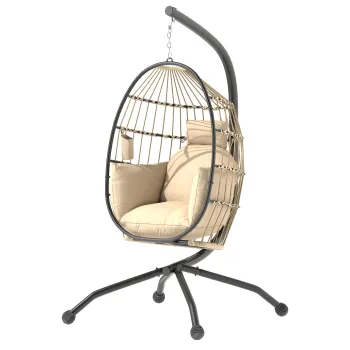 Outsunny Fotoliu tip ou suspendat, interior si exterior, cos pliabil, perna captusita, cadru din otel, bej | Aosom Romania imagine