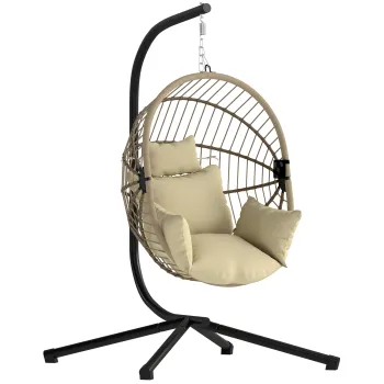 Outsunny Fotoliu tip ou suspendat, Scaun hamac/leagan interior si exterior, Cos pliabil, Perna captusita, Kaki | Aosom Romania imagine