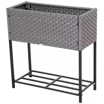 Outsunny Ghivece Flori Exterior din Ratan cu Raft in Metal si Efect Decorativ Nuiele, 70x30x72cm Culoarea Gri | Aosom.ro  imagine