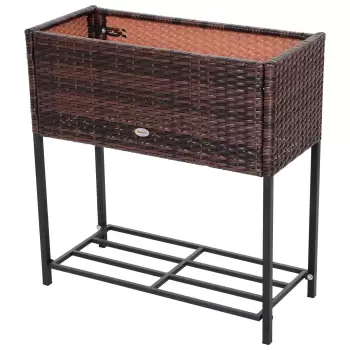 Outsunny Ghivece Flori Exterior din Ratan cu Raft Metal, 70x30x72cm Culoarea Maro | Aosom.ro  imagine