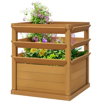 Outsunny Ghiveci cu treillis, pat inalt de gradina fund deschis, ghiveci de flori din lemn 65 x 65 x 73 cm, maro deschis | Aosom Romania imagine