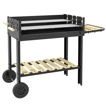 Outsunny Gratar Barbecue Carucior cu Carbune cu Grilaj Dublu Reglabil, Masa Laterala, Raft de Depozitare si Roti, pentru Gatit in Aer Liber imagine