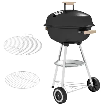 Outsunny Gratar cu Carbuni, Grilaj Metalic, Capac, Orificii de Aerisire, Roti, Raft si Maner, 48x56x94 cm, Negru | Aosom Romania imagine