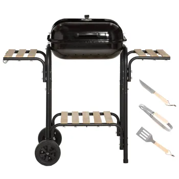 Outsunny Gratar cu Carbuni, Rafturi, Roti, Capac si Priza de Aer, 113x62x97 cm, Negru | Aosom Romania imagine