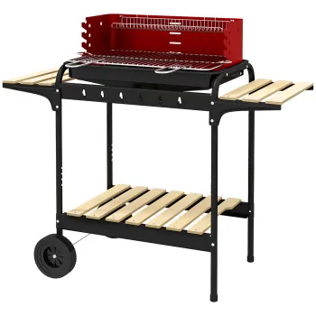 Outsunny Gratar cu Carbuni, Roti si Grilaj cu Inaltime Reglabila, 3 Rafturi si Tava pentru Cenusa, 103x47x95 cm, Rosu | Aosom Romania imagine