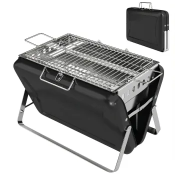 Outsunny Gratar pe carbune din otel inoxidabil BBQ Smoker cu grila, maner si picioare pliante pentru barbecue camping 40x28x25,5cm Negru | Aosom Romania imagine