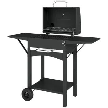 Outsunny Gratar pe carbuni cu capac, BBQ Smoker cu 2 mese laterale, suprafata mare de gatit, gratar, termometru, roti | Aosom Romania imagine