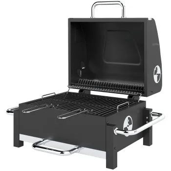 Outsunny Gratar Pe Carbuni cu Orificii de Ventilatie, Sertar pentru Cenusa, Gratar Portabil cu Termometru, Gratare, Capac, Maner din Otel Inoxidabil, BBQ pe Carbuni pentru Gradina Camping, Negru | Aosom Romania imagine