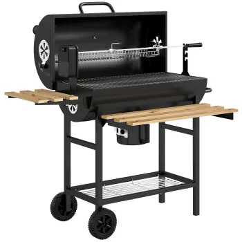 Outsunny Gratar pe Carbuni Portabil Gratar pe Carbuni Tip Butoi cu Rotisor Electric Rafturi Pliabile Roti Termometru | Aosom Romania imagine