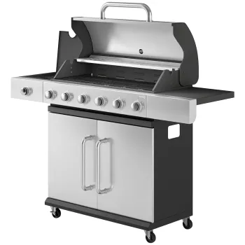 Outsunny Gratar pe Gaz, 6 Arzatoare, Arzator Lateral, Grilaj din Fonta, Dulap Inclus | Aosom Romania imagine